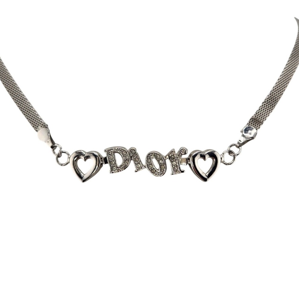 Vintage Dior Y2K Heart Logo Crystal Mesh Necklace Silver Tone with COA